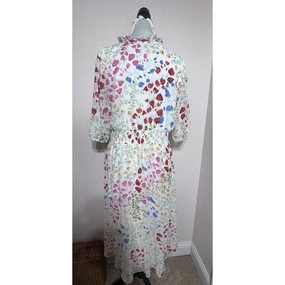 Maison Tara Floral Chiffon Clip Dot V Neck Smocked Midi Dress plus Size 14 - Picture 4 of 9